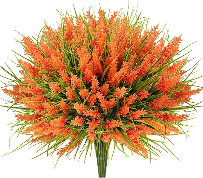 20 Bundles Artificial Plants Outdoor, UV Resistant Fake Flowers, Realistic Faux Lavender Shrubs for Porch Garden Window Box Home Decoration (Orange)