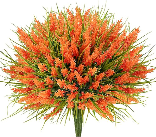 20 Bundles Artificial Plants Outdoor, UV Resistant Fake Flowers, Realistic Faux Lavender Shrubs for Porch Garden Window Box Home Decoration (Orange)