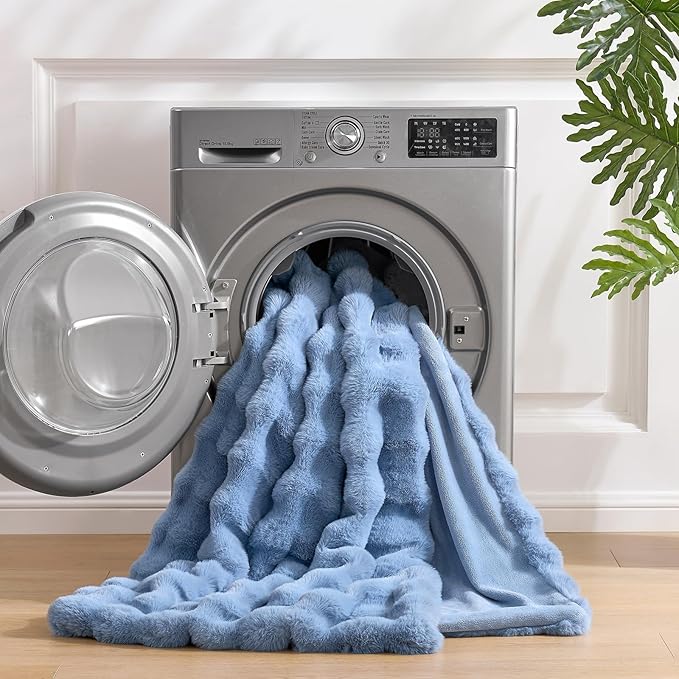 Cozy Bliss Faux Fur Bubble Throw for Couch, Fuzzy Soft Plush Thick Blanket for Sofa Bed Gift, 50x60 Inches Misty Blue