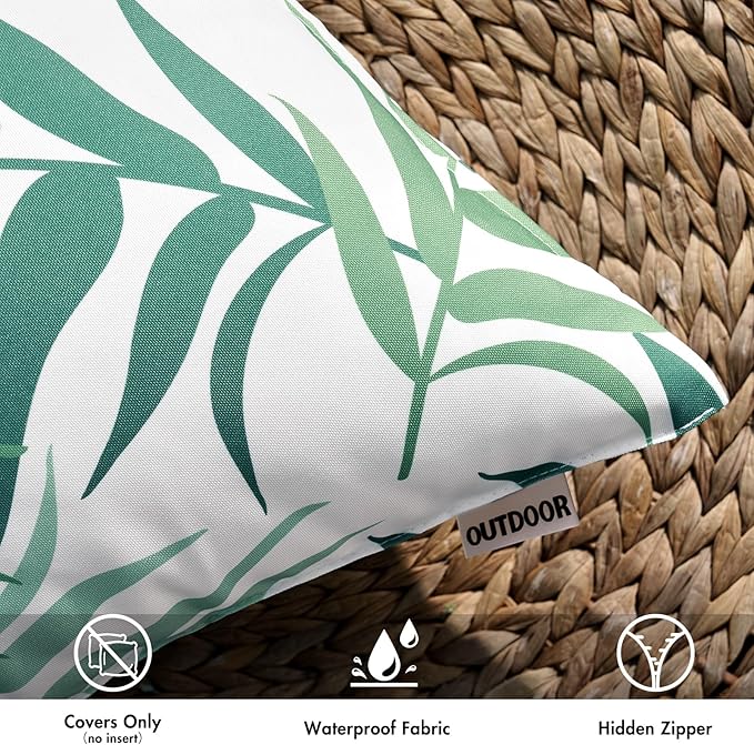 MIULEE Pack of 2 Decorative Outdoor Waterproof Throw Pillow Covers Patio Pillow Cases Natural Leaves Pattern Spring Square Cushion Shams Shell for Garden Balcony Couch 16x16 Inch, Sage Green