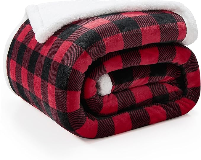 BEDELITE Sherpa Fleece Blanket - Black and Red Buffalo Plaid Christmas Blanket, Super Soft Cozy Warm Thick Winter Throw Blankets for Couch and Bed, 60" x 80"