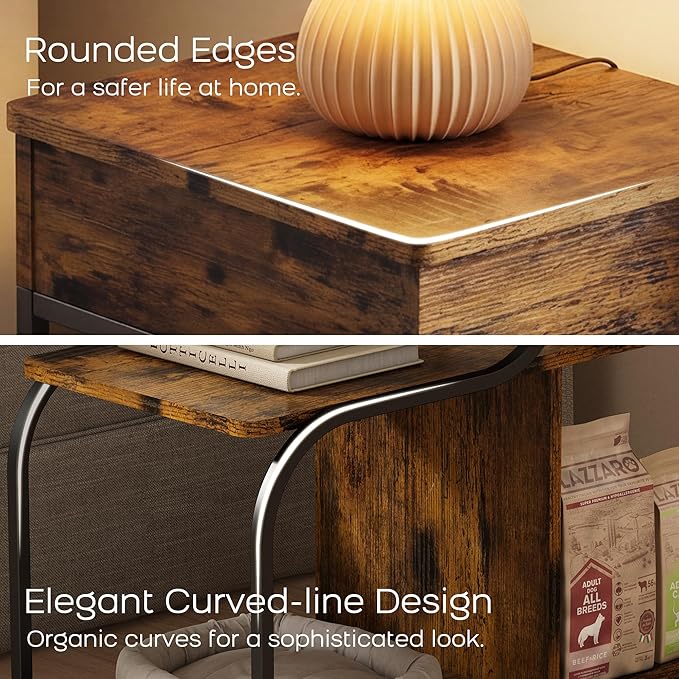 End Table with Charging Station, 3-Tier Sofa Side Table Sliding Top for Living Room, Bedside Table with Storage, Modern Curved Frame Accent Sofa Nightstand for Small Spaces Apartment, Black & Brown