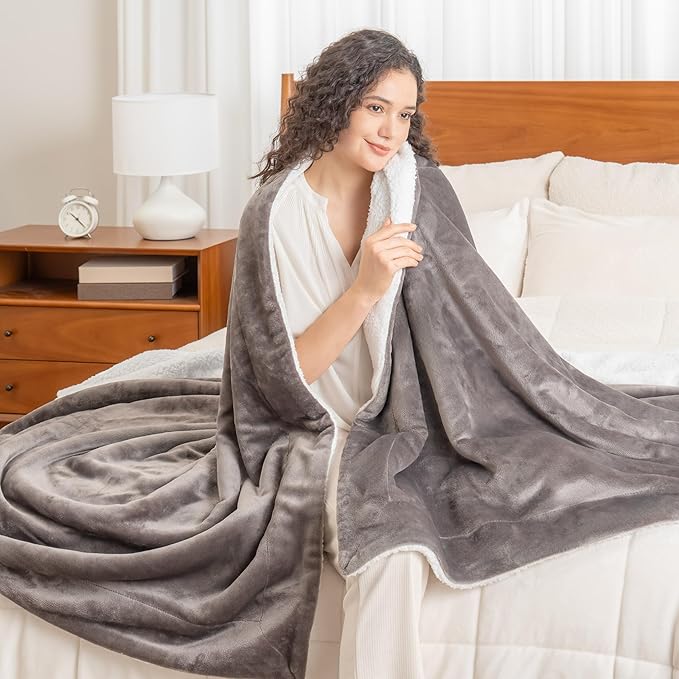 Berkshire Blanket-Sherpa Fleece Blanket, Warm and Soft Loftmink Reversible Blanket for Bed, Sofa and Travel, Charcoal Grey, 90 in x 90 in