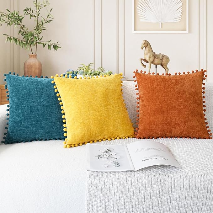 CaliTime Throw Pillow Covers Decorative 20 X 12 Inches Pack of 2 Cozy Solid Dyed Soft Chenille Cushion Cases with Pom Poms for Couch Sofa Bed Living Room Home Mustard Yellow