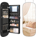 SONGMICS Jewelry Organizer, LED Jewelry Cabinet Wall/Door Mounted, Lockable Rounded Wide Mirror with Storage, Interior Mirror, 3.9 x 16.5 x 42.5 Inches, Black Surface with Black Lining