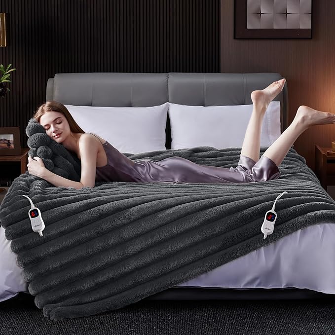 Heated Blanket King Size, Faux Fur Cozy Heating Blanket with Overheat Protection, 1/2/4/6/8 Hours Auto-Off 10 Heat Level, Machine Washable (90x100 Inches, Darkgrey)