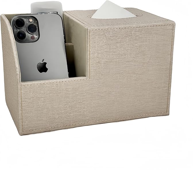 Square Tissue Box Cover,Modern Decorative Cube Tissue Box Holder with Two Compartment Organizers on The Left,Office and Home Living Room,Bedroom,Vanity,Bedside Table,Desktop Tissue Box Storage