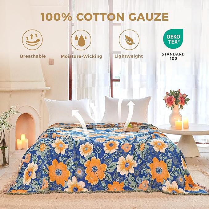 Boho Throw Blanket for Bed Cotton Spring Blankets for Bedroom Living Room Twin All Season Lightweight Floral Embroidery Quilt for Couch Sofa Chair 60"x80"