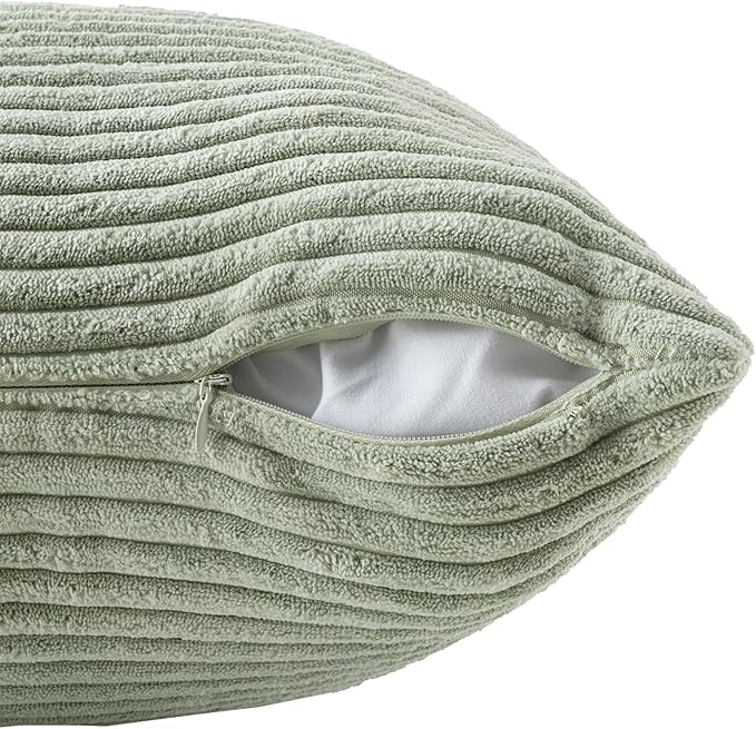 Volcanics Set of 4 Sage Green Corduroy Decorative Couch Throw Pillow Covers 18x18 Inch, Western Modern Farmhouse Striped Cushion Cases, Soft Boho Square Accent Pillow Covers for Home Sofa