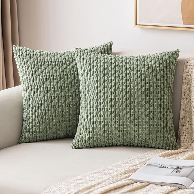 MIULEE Pack of 2 Decorative Throw Pillow Covers 20x20 Inch Soft Boho Striped Textured Corduroy Pillow Covers Spring Modern Farmhouse Home Decor for Couch Bed Sofa Living Room Sage Green