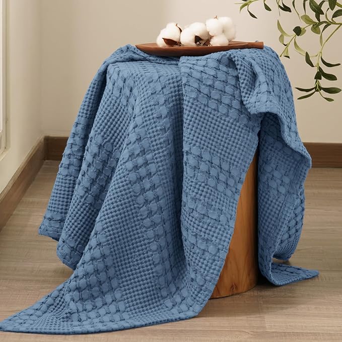 PHF 100% Cotton Waffle Weave Throw Blanket, Soft Lightweight Breathable Cozy Throws for Couch Bed Sofa, Luxury Aesthetic Blanket Gift for Home Decor & Office, 50"x60", Denim Blue
