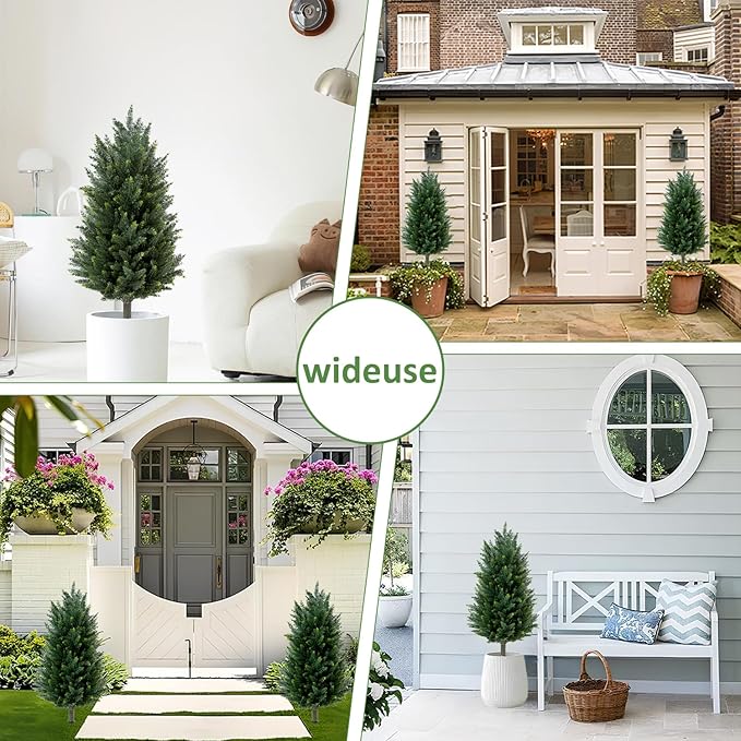 Pair Artificial Cedar Topiary Trees, 3ft UV-Resistant Faux Cypress shrubs w/Ground Spikes (Including Lights),Tall Evergreen Decorative Plants for Outdoor & Indoor Porch, Patio, and Garden