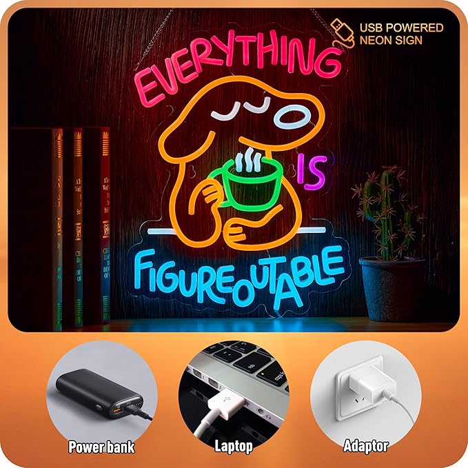Everything Is Figureoutable Neon Sign Dog Pet Positive Affirmation LED Light for Wall Decor Inspirational Light Up Signs Motivational Art for School Classroom Party Store Home Compatible with Timer