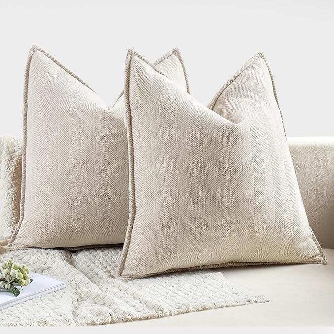 MIULEE Pack of 2 Cream Beige Decorative Pillow Covers 24x24 Inch Soft Chenille Couch Throw Pillows Farmhouse Cushion Covers Euro Shams with Elegant Design for Sofa Bedroom Living Room Spring Decor