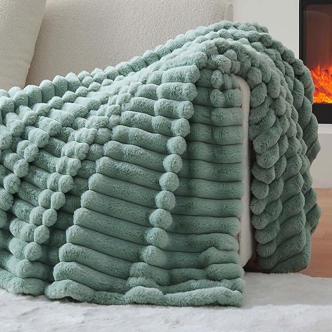 Lotus Karen Faux Fur Throw Blanket - Stripe Faux Rabbit Fur Blanket for Couch, Cozy Soft Fluffy Fuzzy Blanket, Warm Thick Furry Plush Shaggy Small Blankets for Women, Sage Green,50x60 Inches