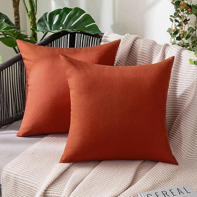MIULEE Pack of 2 Decorative Outdoor Solid Waterproof Throw Pillow Covers Faux Linen Garden Farmhouse Cushion Cases for Summer Patio Tent Balcony Couch Sofa 12x12 Inch Burnt Orange