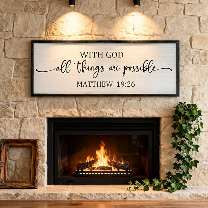 With God All Things are Possible Framed Wall Art, 40''×15'' Positive Holy Religious Rustic Bible Verse for Christian God Jesus Christ Prayer, Vintage Horizontal Inspirational Catholic Scripture Decor