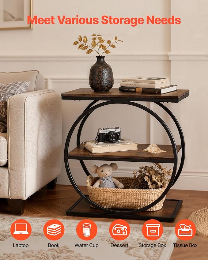 VEVOR End Table, 3-Tier Narrow Side Table with Open Storage Shelves, Modern Nightstand Bedside Desk with Round Metal Frame, Wood Sofa Coffee Desk for Living Room, Bedroom, Office, Rustic Brown