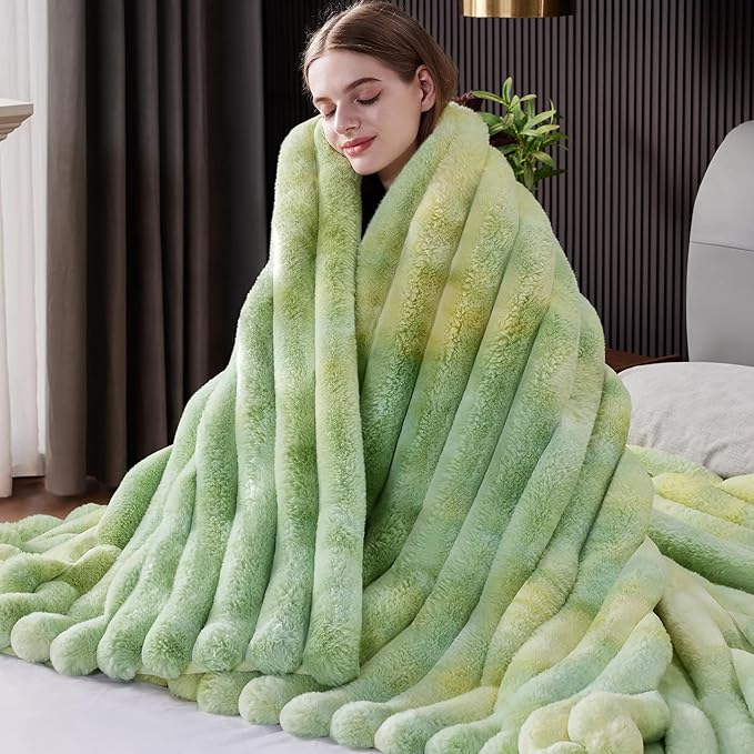 Fluffy Faux Fur Throw Blanket, Thick 1000GSM Soft Cozy Throw Blankets for Bed, Luxury Plush Striped Warm Fuzzy Blanket for Couch LivingRoom Home Decor & Gifts(50" x 70",Tie-dye Green)