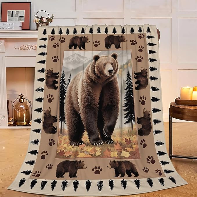 Bear Throw Blanket - Soft Plush Fleece Cabin Wild Animal Bedding Blankets- Cozy Bear Stuff Gifts for Women Girls Kids Adults 50"X60"