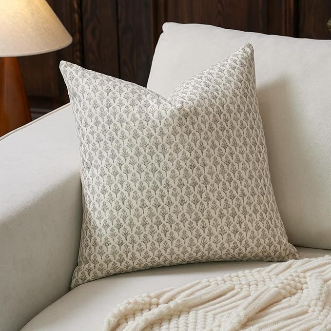 FIOUOVO Floral Pillow Covers 18x18 Pillow Cover Block Print Couch Pillows for Living Room Decorative Neutral Accent Throw Pillow Covers, 1PC, Light Taupe