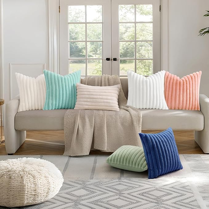 decorUhome Cozy Faux Fur Throw Pillow Covers 22x22 Set of 2 Decorative Soft Plush Striped Modern Farmhouse Boho Couch Euro Sham Pillow Cases with Velvet Back for Sofa Bed Living Room, Blue
