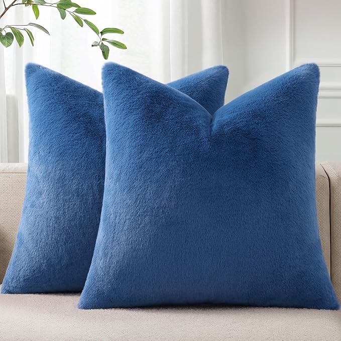 Pallene Faux Fur Plush Throw Pillow Covers 16x16 Set of 2, Soft Fluffy Couch Pillow Covers for Living Room, Navy Blue