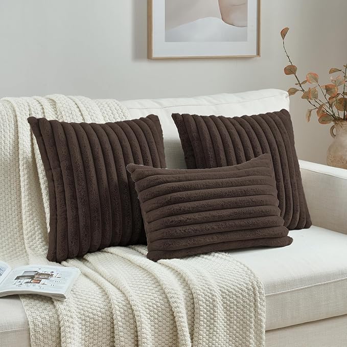 FUTEI Dark Coffee Decorative Throw Pillow Covers Set of 2, 12x20 Inch Soft Fluffy Faux Fur Plush Striped Lumbar Pillowcases, Modern Home Decor for Couch Bed Living Room