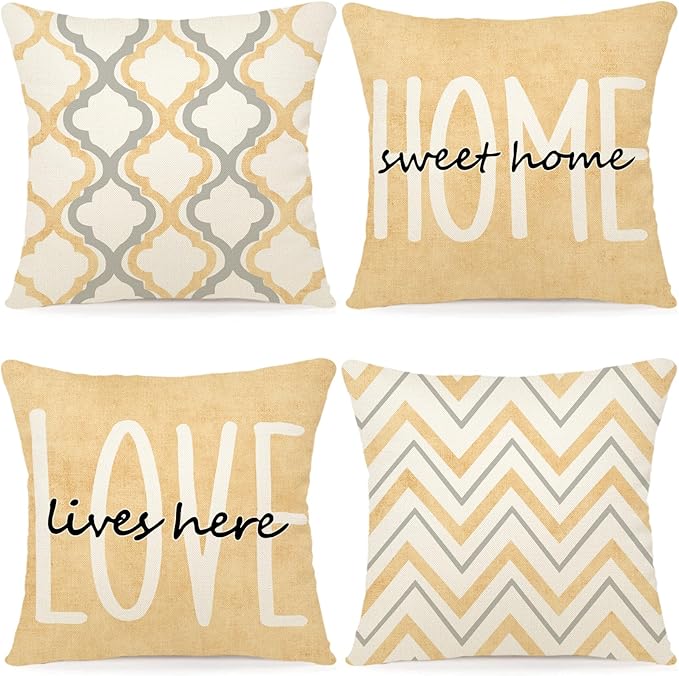 YCOLL Farmhouse Pillow Covers 18x18 Set of 4 Throw Pillow Covers Rustic Linen Decorative Pillows Square Cushion Covers for Couch Sofa Bedroom Home Decor