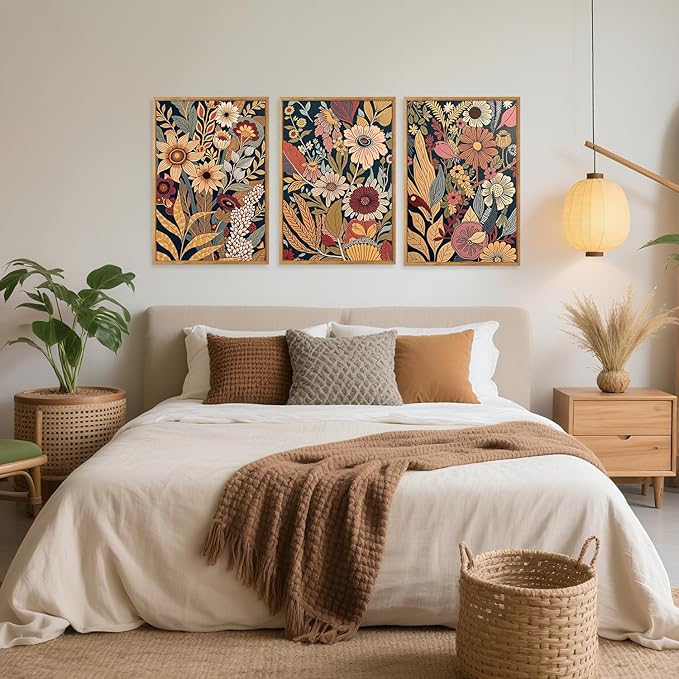 CHDITB Vintage Flowers Framed Canvas Wall Art Set Of 3, Rustic Bohemian Nature Wall Decor, Floral Botanical Prints, Farmhouse Wildflower Wall Painting For Living Room Dining Room Boho Decor 12X16 Inch