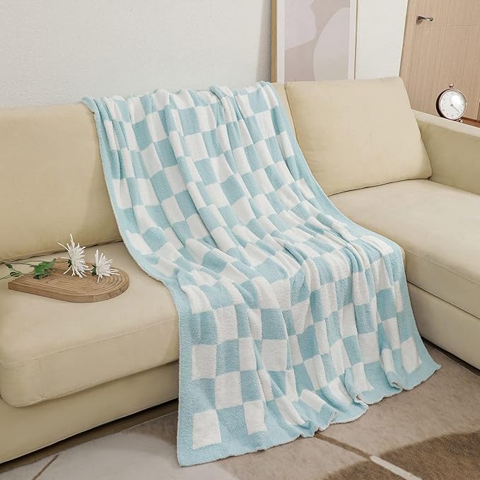 bearberry Fuzzy Checkerboard Grid Throw Blanket Soft Cozy Warm Microfiber All Season Blanket Decor for Couch Sofa Bed Travel Home (Baby Blue, 50''x60'')