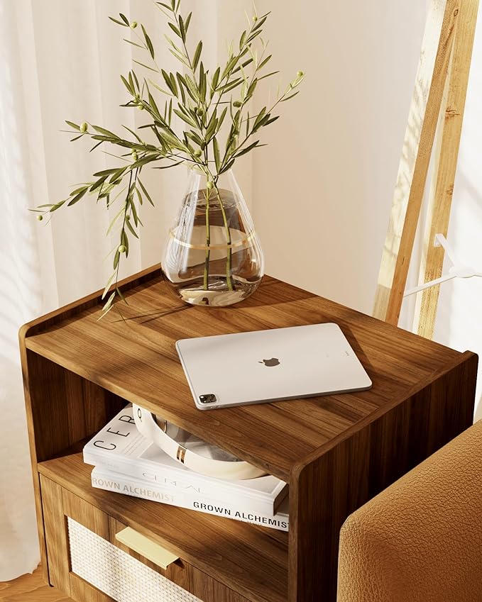 Nightstand,Modern Bedside Table with Storage Drawer and Open Wood Shelf, Accent Night Stand with Solid Wood Legs for Living Room, Bedroom and Small Spaces,Easy Assembly (Walnut Brown-Rattan)