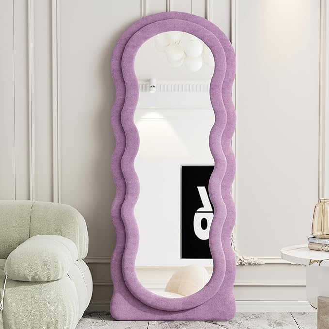 Full Length Mirror, 63"x24" Wavy Floor Mirror, Arched Standing Mirrors Full Length, Cloud Shaped Flannel Wall Mirrors, Dressing Body Mirror Hanging or Leaning Against Wall for Bedroom (Purple)