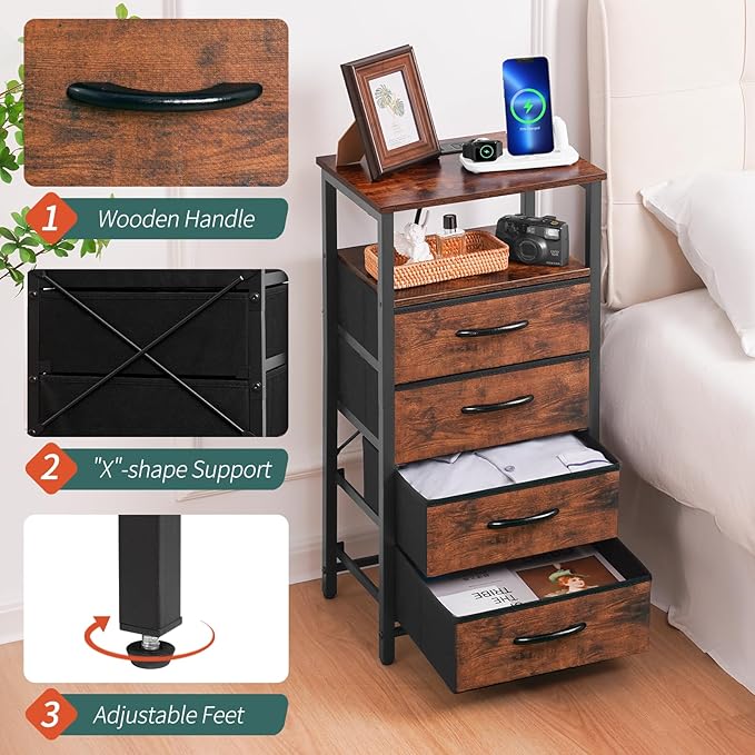 Yoobure Night Stand - LED Rustic Nightstand with Charging Station, Bedside Table with 4 Storage Drawers and Storage Shelf, End Table with USB Ports and Outlets