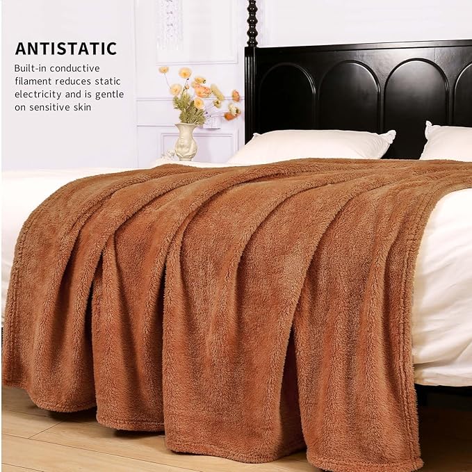 Plush Fleece Throw Blanket for Couch and Bed, Fluffy Fuzzy Cozy Queen-Size Soft Blankets All Season Use (60x80 Inches,Burnt Orange)