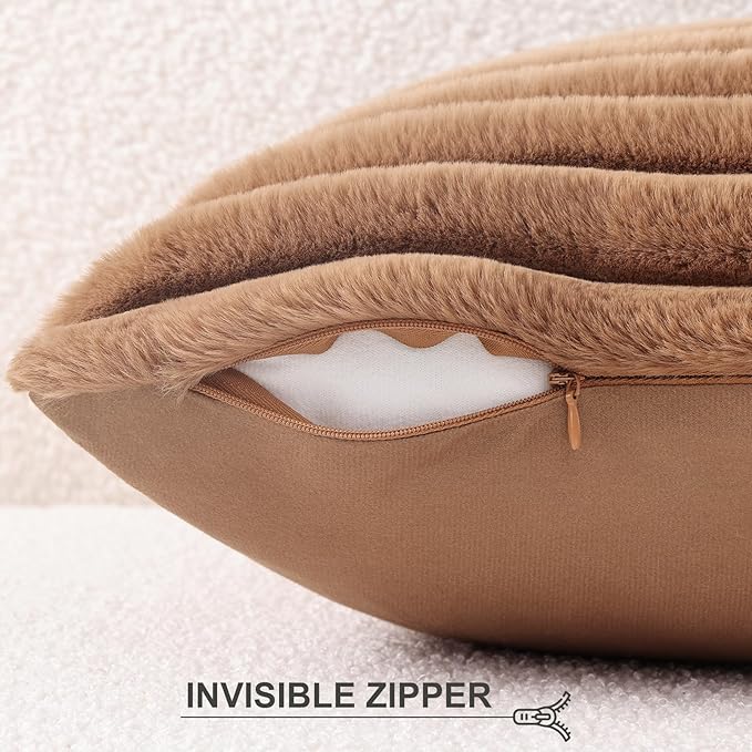 Pallene Faux Fur Plush Throw Pillow Covers 26x26 Set of 2, Luxury Soft Fluffy Striped Decorative Pillow Covers for Sofa, Couch, Living Room, Brown