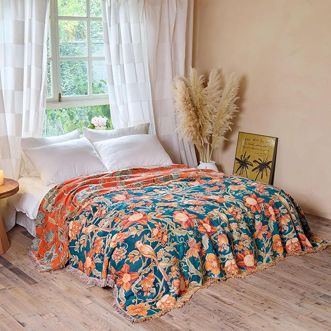 Boho Throw Blanket - 100% Cotton Ultra Soft Muslin Blanket, 50"x60" Lightweight Floral Bird Framhouse Bedding Spring Blanket for Bed, All Season Blue Bohemian Bedroom Home Decor Quilt