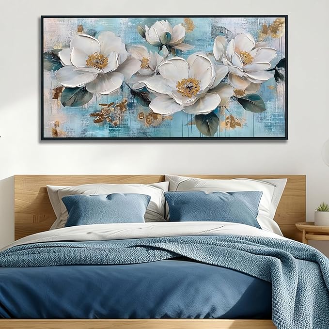 Ardemy Flower Teal Wall Art Framed Canvas for Living Room White Gold Floral Magnolia Canvas Painting, Bedroom Picture Textured Artwork Tranquil Home Office Wall Decor, Extra Large Black Wood 58"x29"