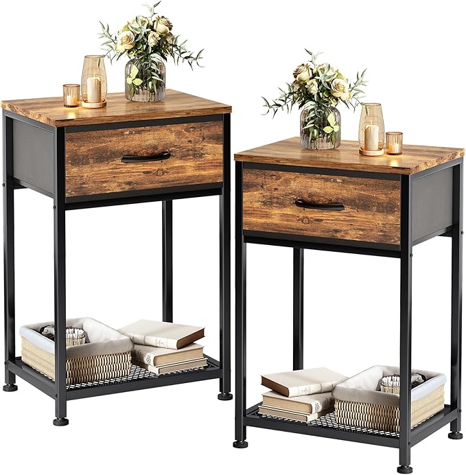 Kitstorack Night Stands Set of 2,End Tables with Drawer for Bedroom Bed Side Table for Home, Rustic Brown Wood Night Stand Bedroom Nightstands Bedside Table Set of 2