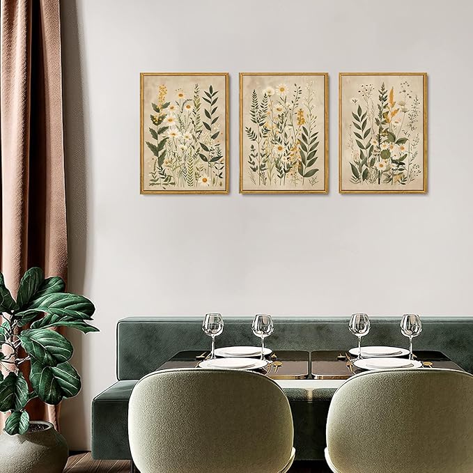 Wodkwq 3 Piece Vintage Floral Canvas Wall Art Framed,Large Wildflower Wall Decor，Neutral Farmhouse Botanical Daisy Wall Painting,Modern Floral Art Prints For Living Room,Bedroom,Office 16x24in