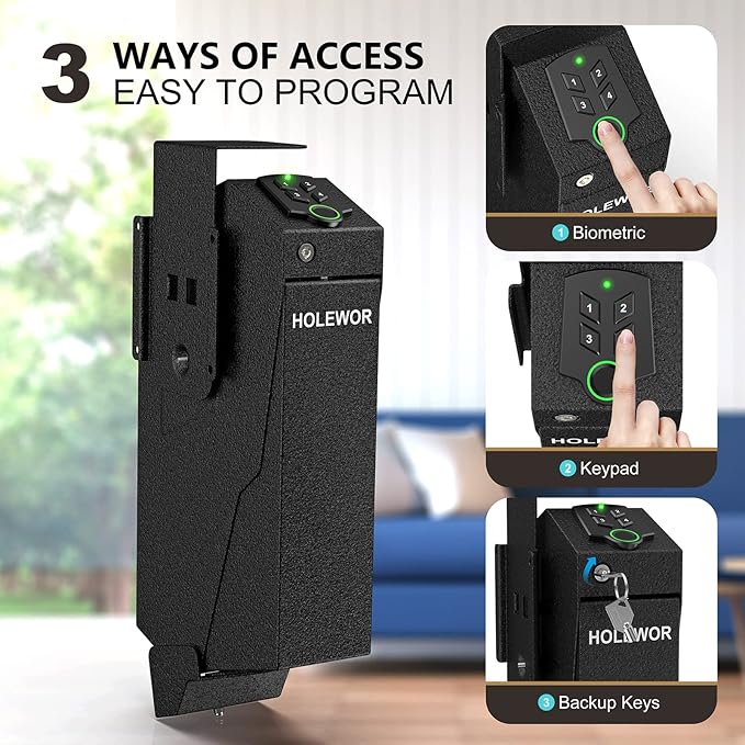 Gun Safe, Biometric Gun Safe for Handgun Drop Down Pistol Safe Mounted Single Handgun Safe with Fingerprint, Passcode, Key Access for Nightstand, Desk, Bedside