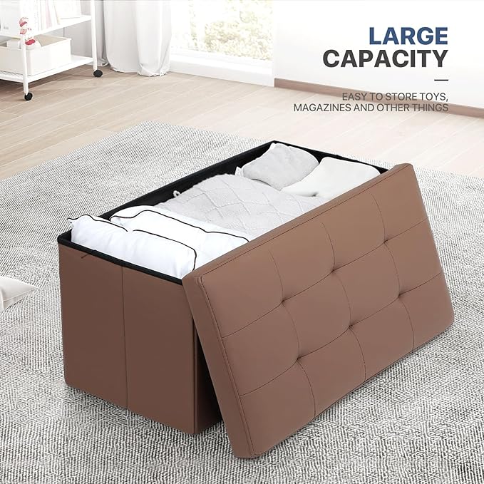 MoNiBloom 30 Inch Storage Ottoman Bench, 24 Gal. Folding Ottoman Footrest, End of Bed Bench, Rectangle Foot Stool, Supports 600 lbs, for Bedroom, Living Room, Entryway, Hallway, Brown