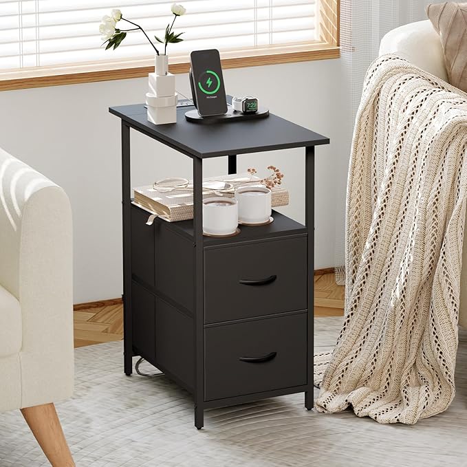 Somdot End Table with Charging Station,Narrow Side Table with 2 Fabric Drawers,Skinny Nightstand with Storage,Small Slim Bedside Table for Living Room,Sofa,Bedroom,Couch,Black