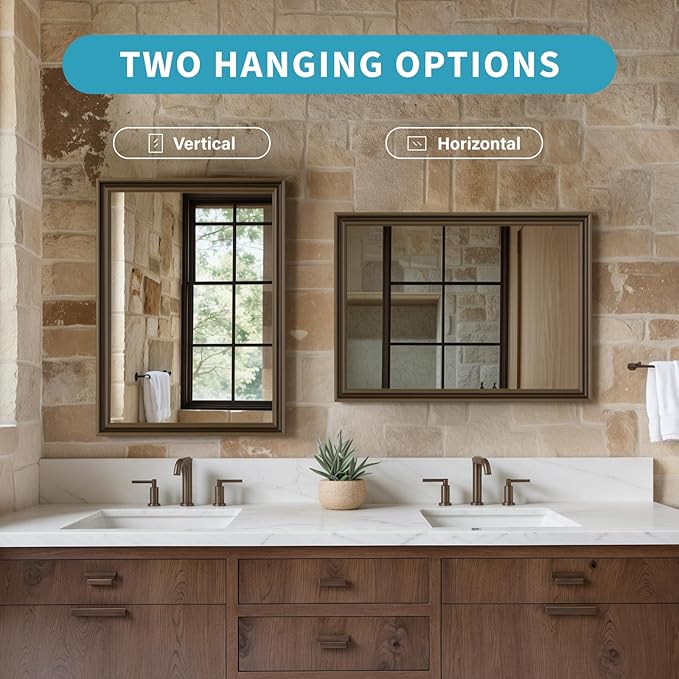 Retro Copper Effect Framed Wall Mirror, 24x36 Rectangle Mirror, Anti-desilvering Tempered Glass, Sustainable&Sturdy Frame, Anti-Rust, HD Reflection &3min Fast Setup for Bathroom Living Room