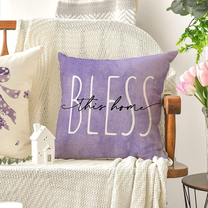 AVOIN colorlife Lavender Bless This Home Sweet Home Spring Throw Pillow Covers, 16 x 16 Inch Purple Cushion Case for Sofa Couch Set of 4