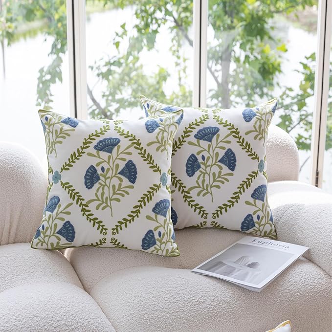 YIcabinet Pillow Covers Set of 2, Embroidered Blue Flower Pattern Throw Pillow Cover,Square Cotton Cushion,Pillow Case for Sofa Bedroom Couch,18"x18"
