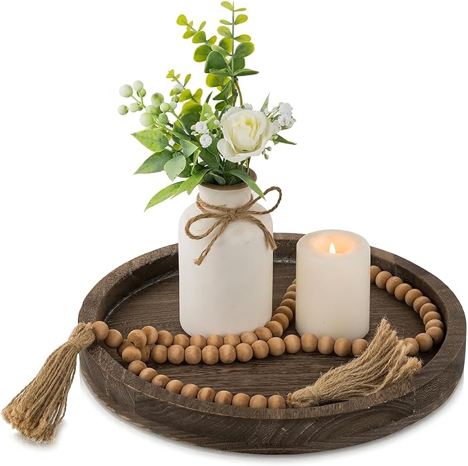 Hanobe Candle Plate Holder Tray: Decorative Wooden Tray Rustic Round Plate Farmhouse Centerpiece Small Candle Holder Trays for Coffee Table Living Room Kitchen Vintage Home Decor