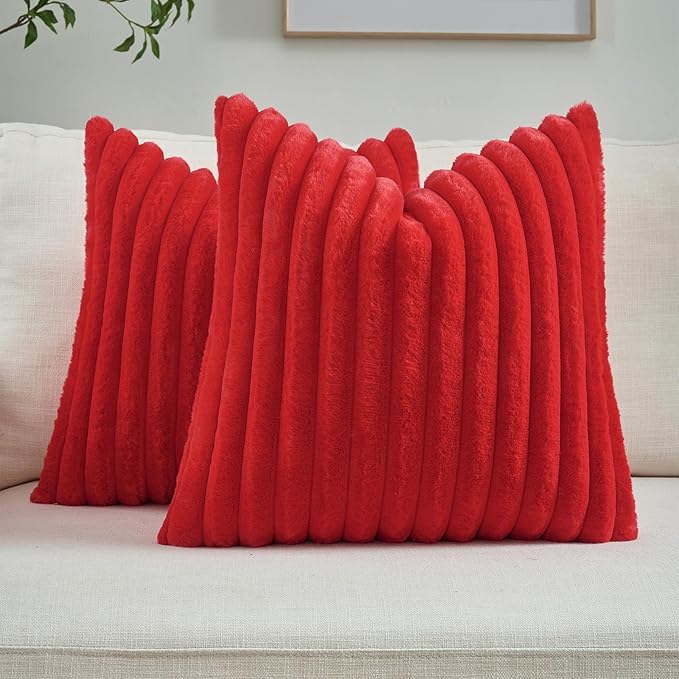 FUTEI Red Decorative Throw Pillow Covers Set of 2, 28x28 Inch Soft Fluffy Faux Fur Plush Striped Euro Pillow Shams, Modern Home Decor for Couch Bed Living Room