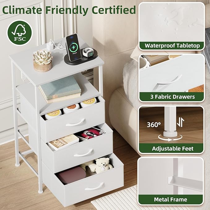 Somdot Nightstands Set of 2,Bedside Tables with Charging Station and LED Lights,Night Stand with 3 Fabric Drawers, End Tables with Open Shelf for Bedroom Living Room Entryway Hallway, White Leather