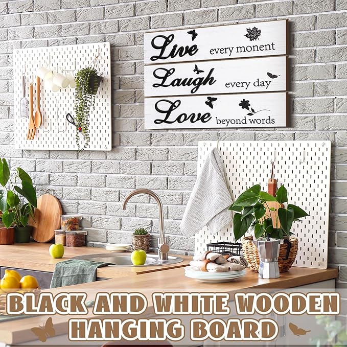 Jetec 3 Pieces Rustic Wood Sign Wall Decor Live Love Blessed Family and Love Quote Sign Farmhouse Wall Mount Decoration for Home Kitchen Living Room, 12 x 3 x 0.2 Inch(White, Black,Classic)